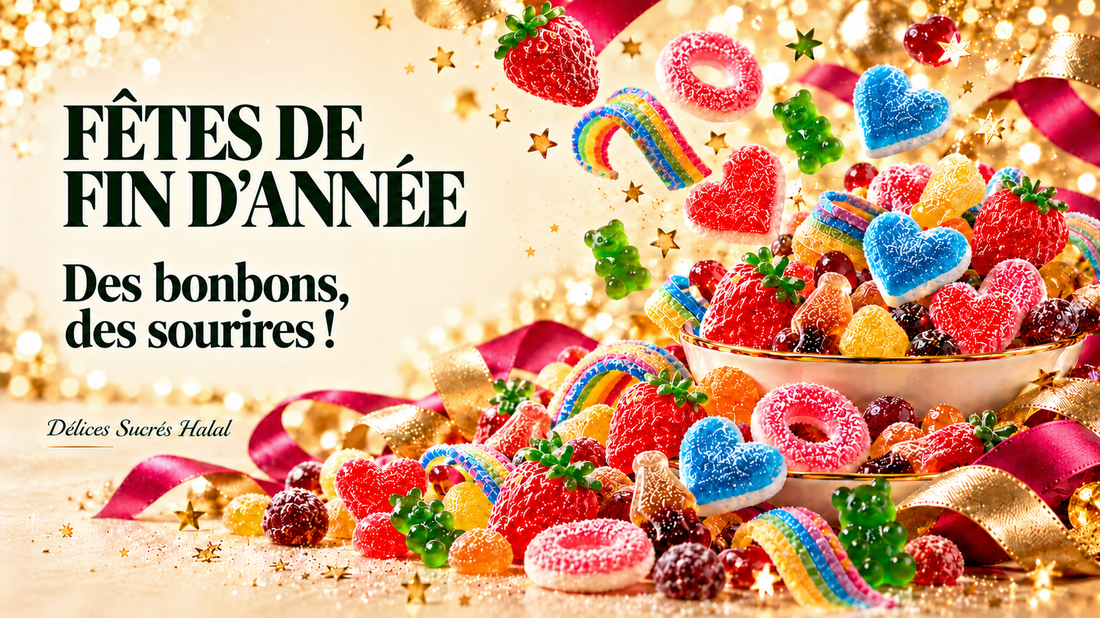 Fêtes de fin d’année : des bonbons, des sourires, avec des gourmandises colorées et des rubans dorés